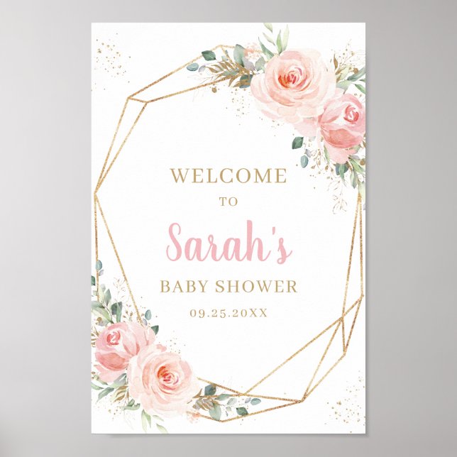 Blush Floral Gold Geometric Baby Shower Welcome  Poster (Front)