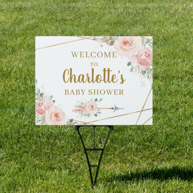 Blush Floral Gold Geometric Baby Shower Yard  Sign (Insitu)