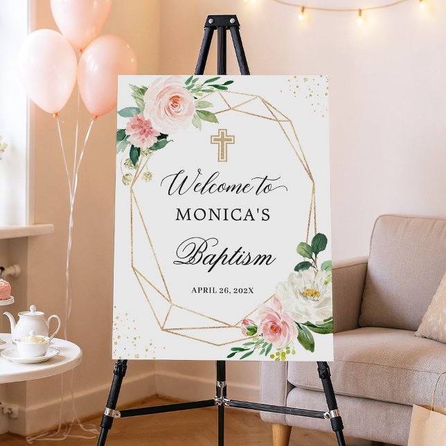 Blush Floral Gold Geometric Baptism Welcome Foam Board (Creator Uploaded)