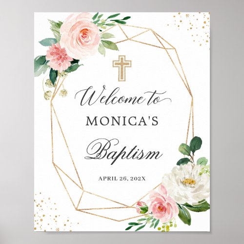 Blush Floral Gold Geometric Baptism Welcome Sign