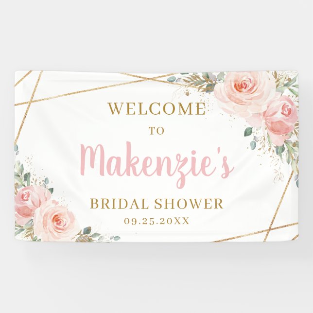 Blush Floral Gold Geometric Bridal Shower Backdrop Banner (Horizontal)