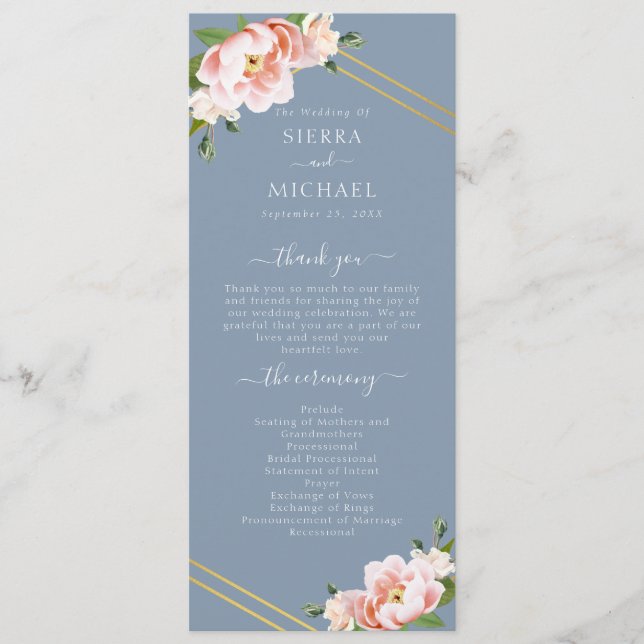 Blush Floral Gold Geometric Dusty Blue Wedding Program (Front)