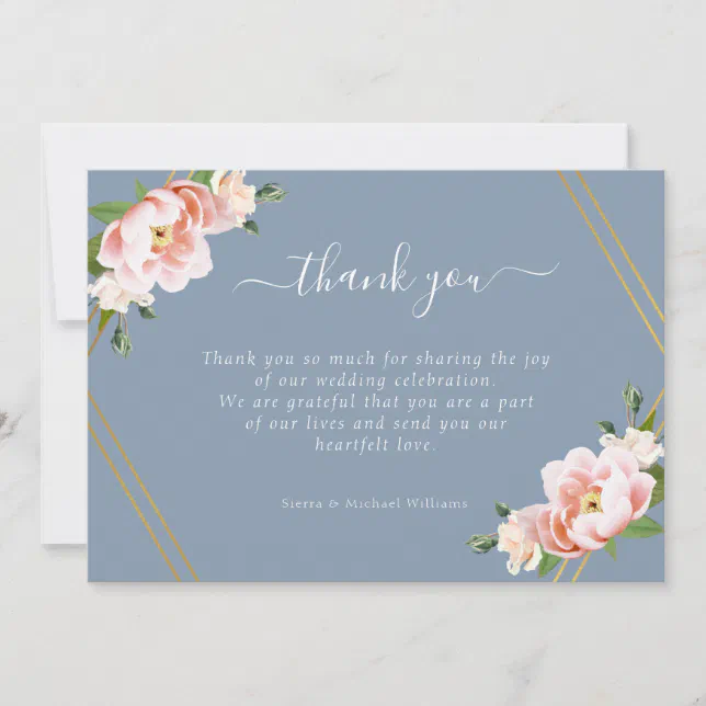 Blush Floral Gold Geometric Dusty Blue Wedding Thank You Card | Zazzle