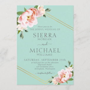 Blush Floral Gold Geometric Mint Green Wedding Invitation