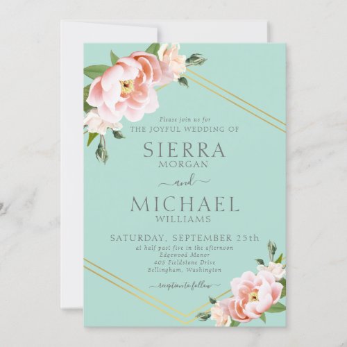 Blush Floral Gold Geometric Mint Green Wedding Invitation