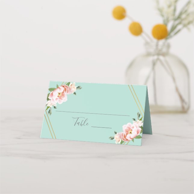 Blush Floral Gold Geometric Mint Green Wedding Place Card (Front)