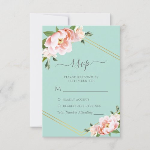 Blush Floral Gold Geometric Mint Green Wedding RSVP Card