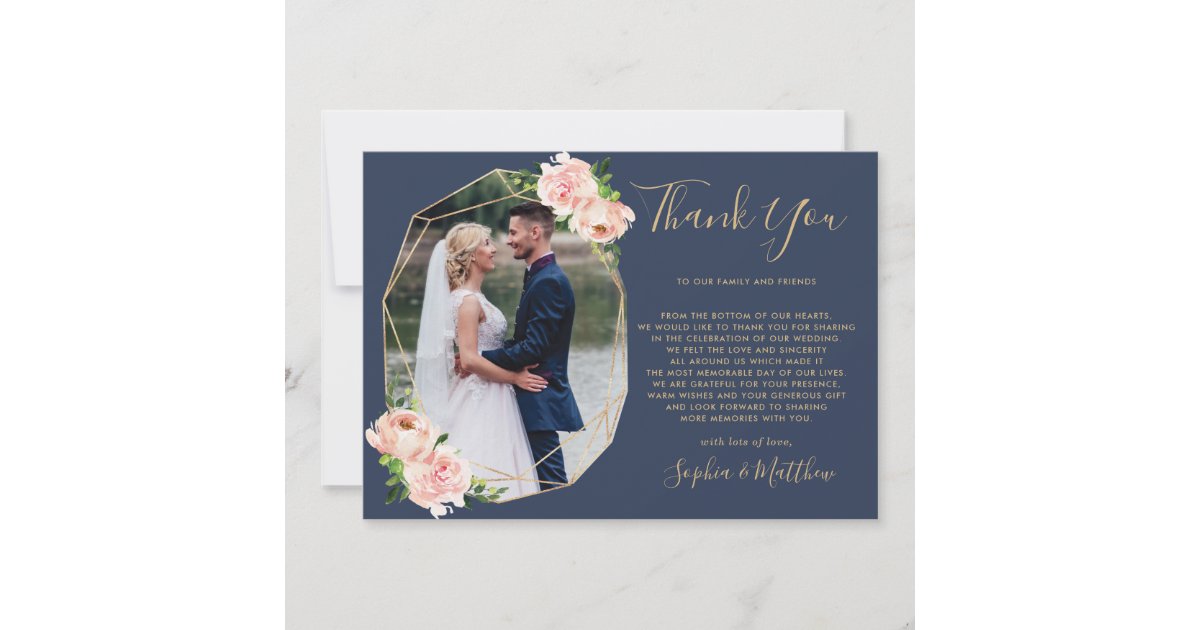 Blush Floral Gold Geometric Navy Photo Wedding Thank You Card | Zazzle