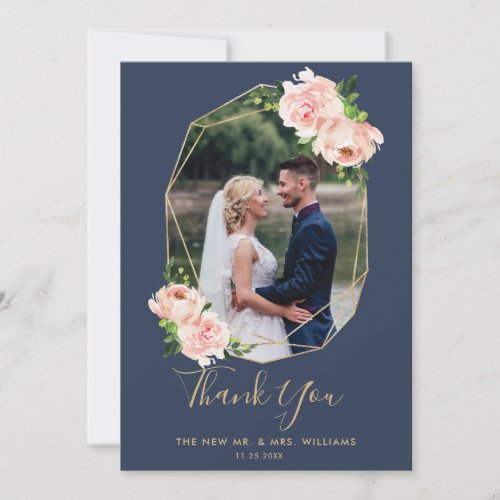 Blush Floral Gold Geometric Navy Photo Wedding Thank You Card