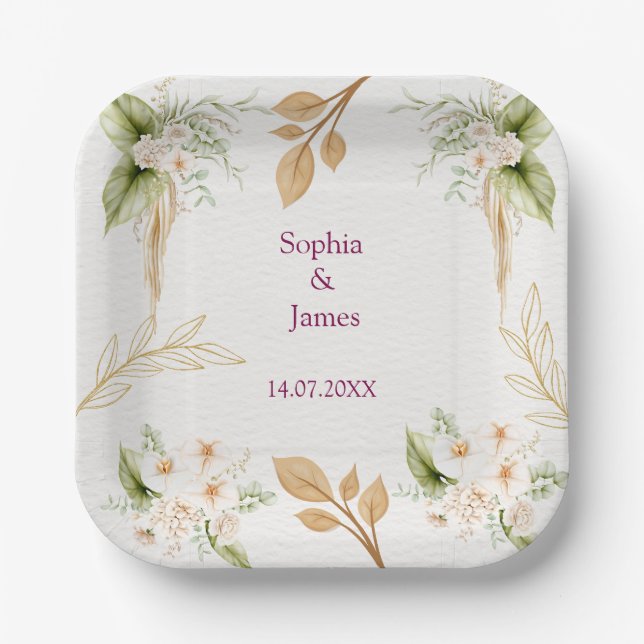 Blush Floral Gold Geometric wedding Paper Plates (Front)