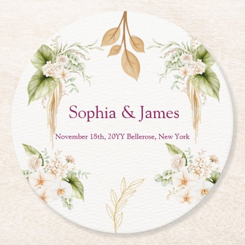 Blush Floral Gold Geometric wedding Round Paper Coaster