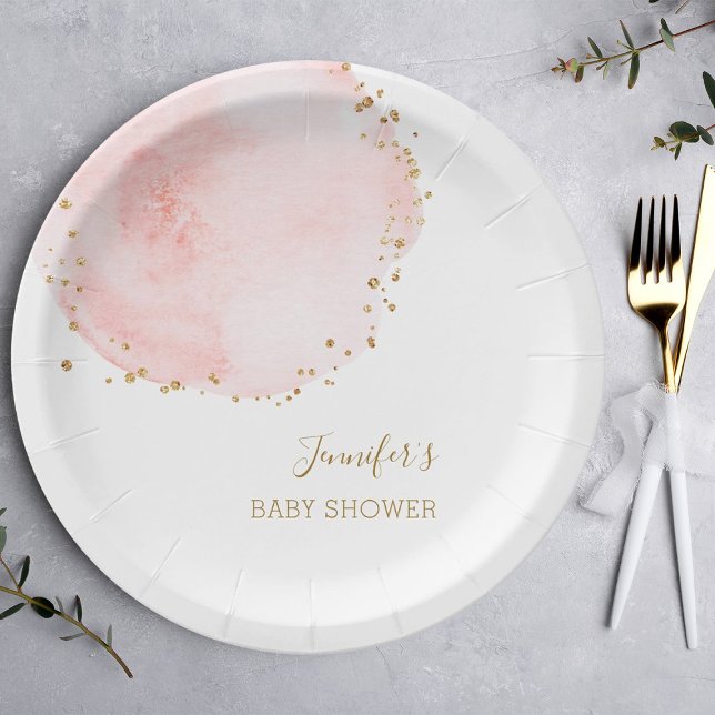 Blush Floral Gold Glitter Dots Baby Shower Paper Plates (Creator Uploaded)