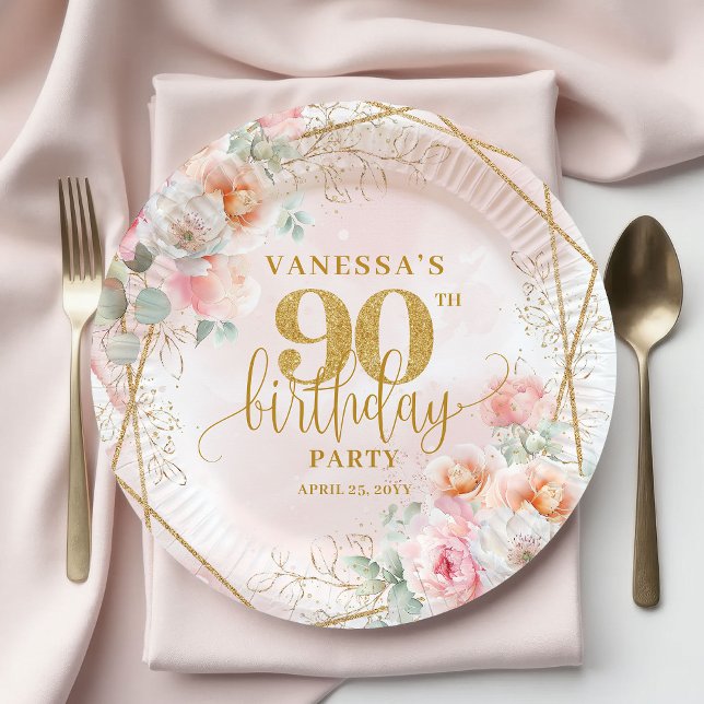 Blush Floral Gold Glitter Elegant 90th Birthday   Paper Plates (Blush Floral Gold Glitter Elegant 90th Birthday Plates)