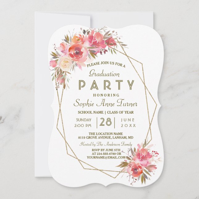 Blush Floral Gold Glitter Frame Graduation Party Invitation (Front)