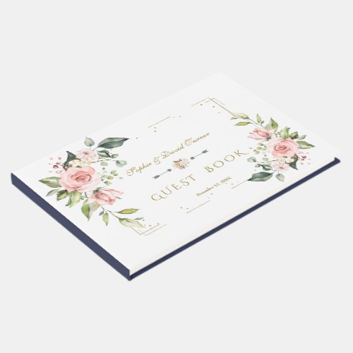 Blush Floral Gold Glitter Frame Navy Wedding Guest Book