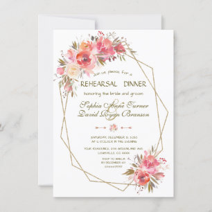 Blush Floral Gold Glitter Frame Rehearsal Dinner Invitation