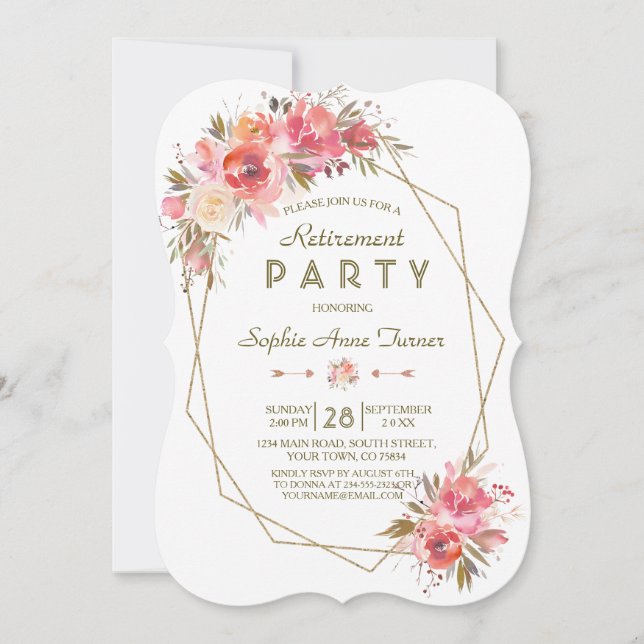 Blush Floral Gold Glitter Frame Retirement Party Invitation (Front)