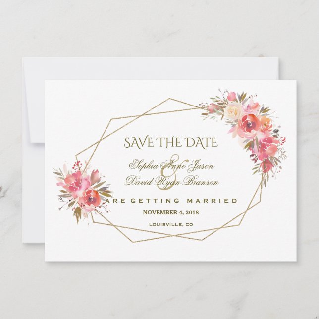 Blush Floral Gold Glitter Frame Save The Date (Front)