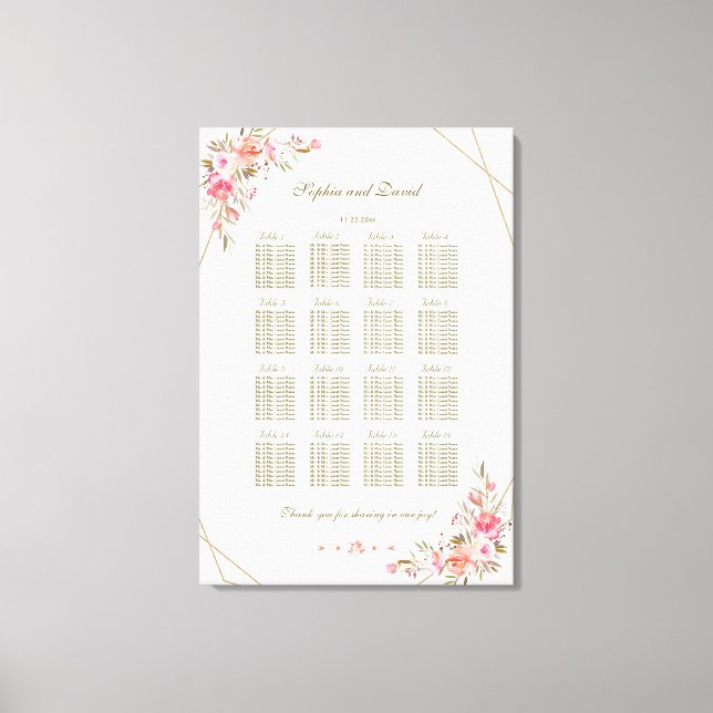 Blush Floral Gold Glitter Frame Seating Chart Canvas Print (Front)