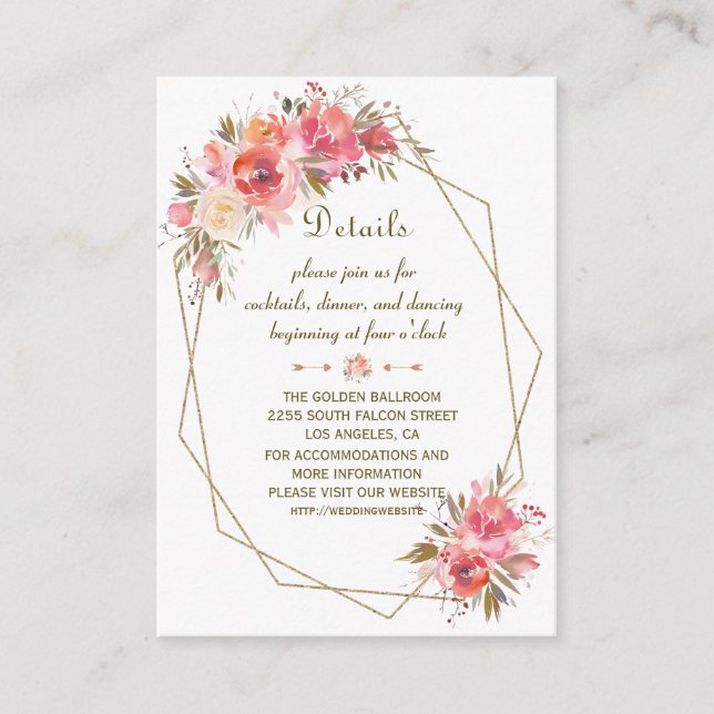 Blush Floral Gold Glitter Frame Wedding Details Enclosure Card (Front)