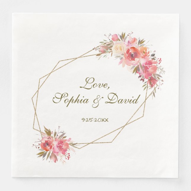 Blush Floral Gold Glitter Frame Wedding Paper Dinner Napkins (Front)