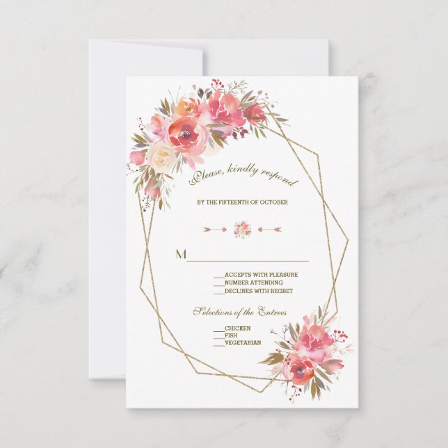 Blush Floral Gold Glitter Frame Wedding RSVP (Front)