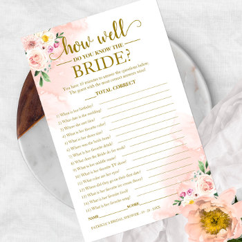 Blush Floral Gold How Well Do You Know The Bride Flyer by StampsbyMargherita at Zazzle
