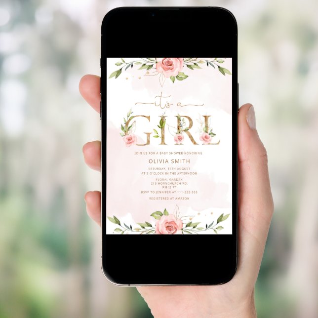 Blush floral gold It's a girl baby shower Invitation (Front Digital)