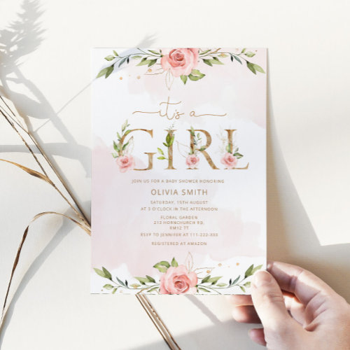 Blush floral gold It's a girl baby shower