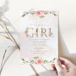 Blush Floral Gold It&#39;s A Girl Baby Shower Invitation at Zazzle
