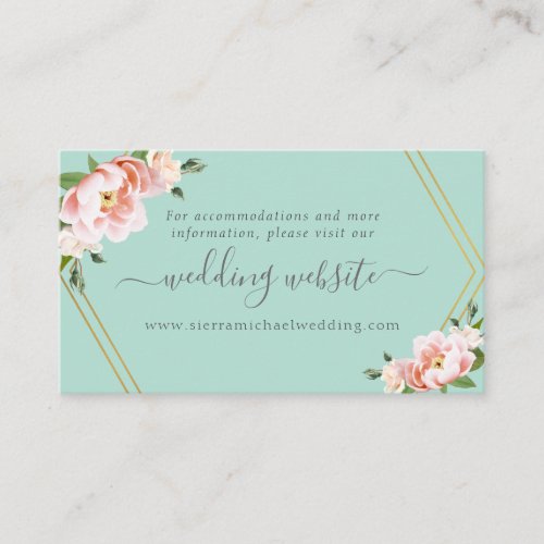 Blush Floral Gold Mint Green Wedding Website Enclosure Card