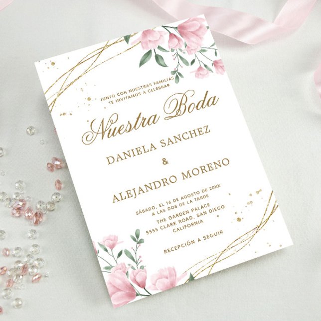 Blush Floral Gold Nuestra Boda Spanish Wedding Invitation (Creator Uploaded)