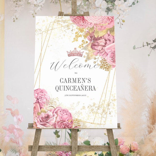 Blush Floral & Gold Quinceanera Birthday Welcome Foam Board (Creator Uploaded)