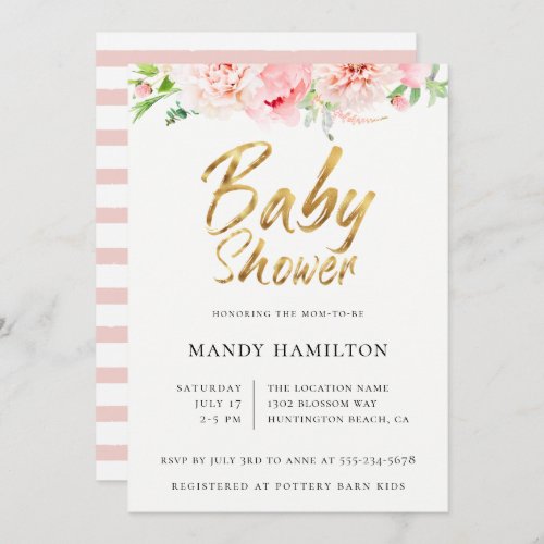 Blush Floral Gold Script Baby Shower Invitation