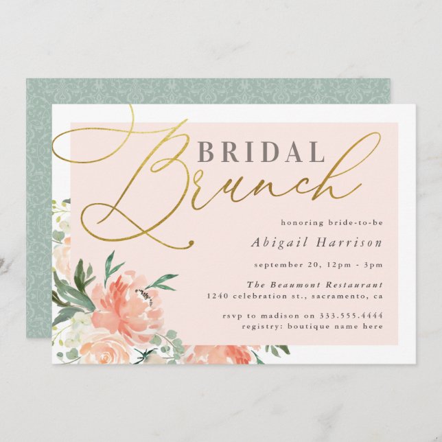 Blush Floral Gold Script Bridal Brunch Invitation (Front/Back)