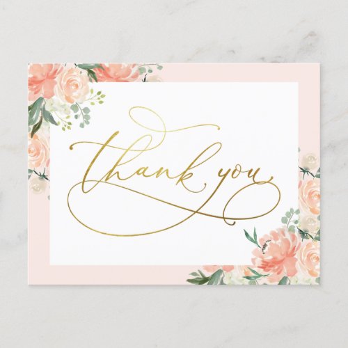 Blush Floral  Gold Script Thank You Postcard