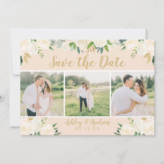 Blush Floral Gold Script Three Photo Wedding Save The Date (Front)