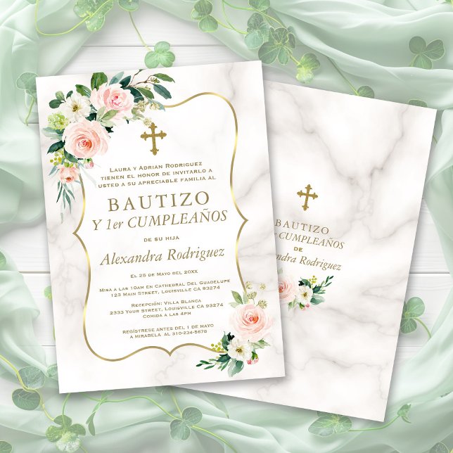 Blush Floral Gold Spanish 1st Birthday Baptism Invitation (Creator Uploaded)