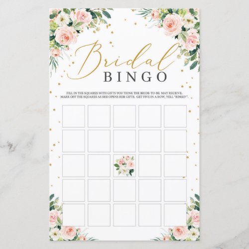 Blush floral green bridal shower bingo game card