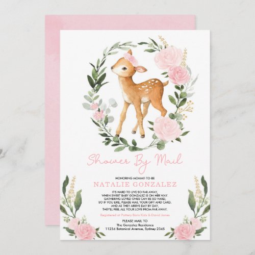 Blush Floral Greenery Baby Deer Shower By Mail Invitation
