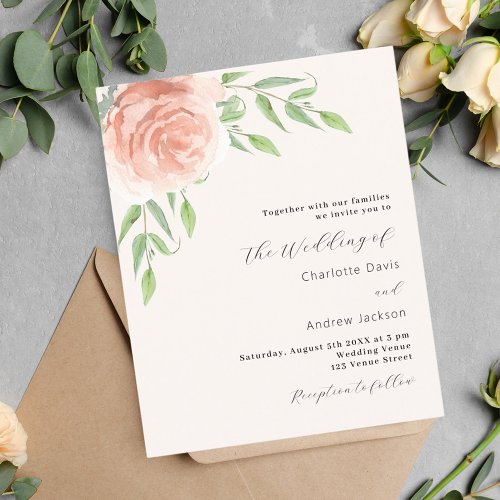 Blush floral greenery budget wedding invitation