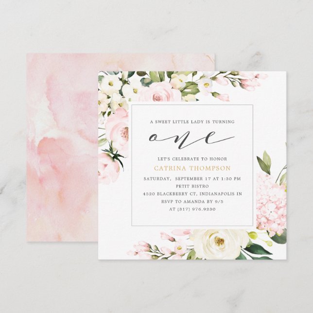 Blush Floral Greenery Girl 1st Birthday Party Invitation (Front/Back)