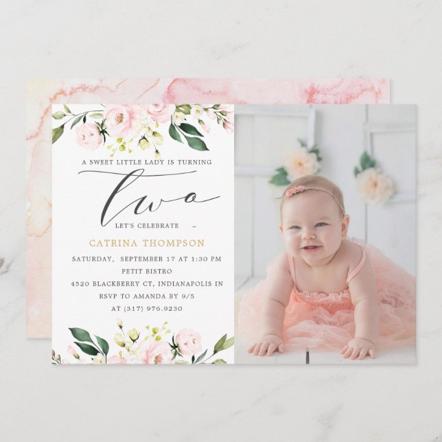 Blush Floral Greenery Girl 2nd Birthday Photo Invitation (Front/Back)