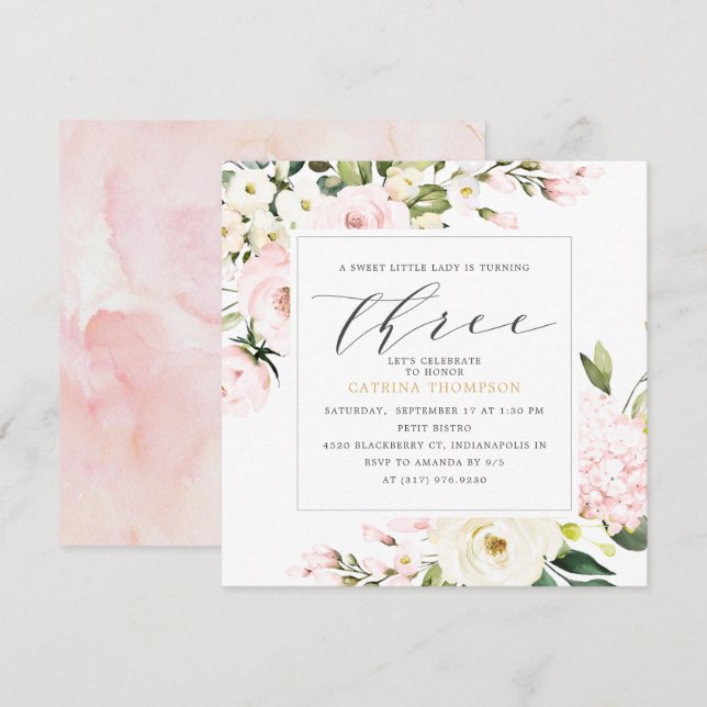 Blush Floral Greenery Girl 3rd  Birthday Party Invitation (Front/Back)