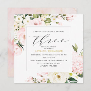 Blush Floral Greenery Girl 3rd Birthday Party Invitation