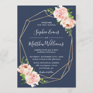 Blush Floral Greenery Gold Geometric Navy Wedding Invitation