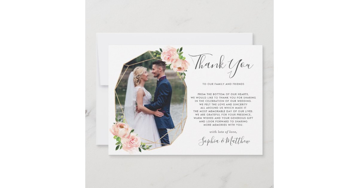 Blush Floral Greenery Gold Geometric Photo Wedding Thank You Card | Zazzle