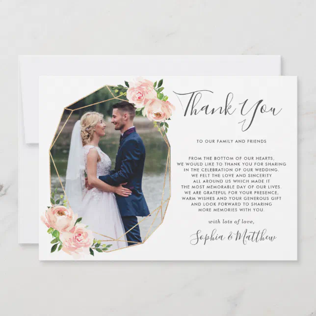Blush Floral Greenery Gold Geometric Photo Wedding Thank You Card | Zazzle