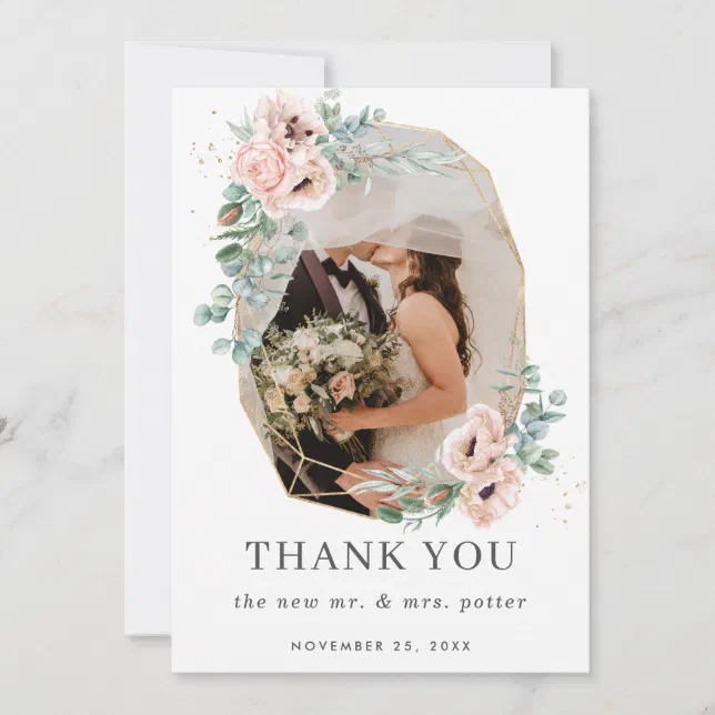 Blush Floral Greenery Gold Geometric Photo Wedding Thank You Card | Zazzle