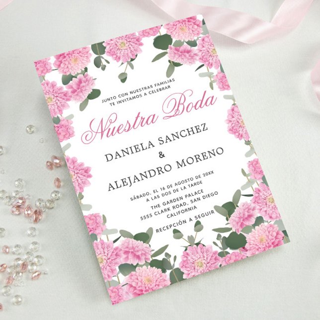 Blush Floral Greenery Nuestra Boda Spanish Wedding Invitation (Creator Uploaded)